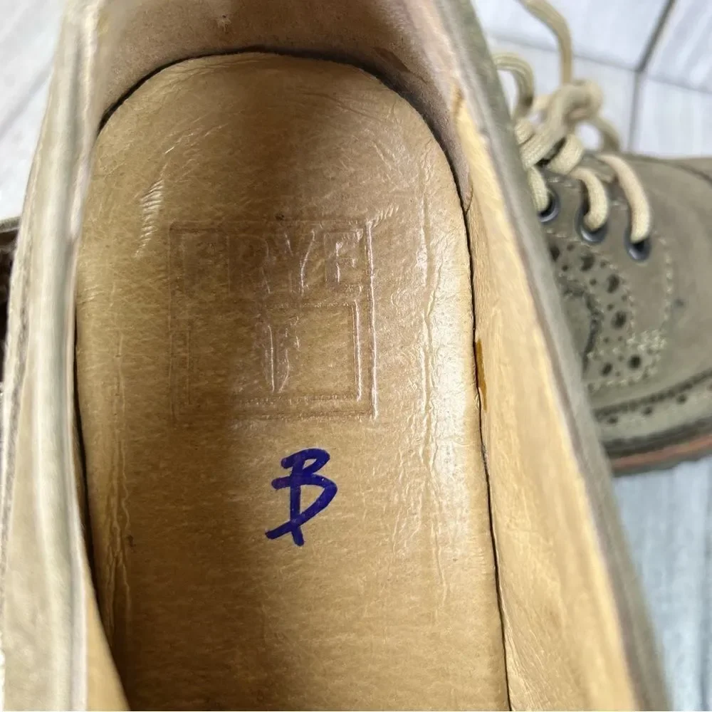 Frye Tan Olive Leather Brogue Wingtip Derby Oxford Dress Shoes Size 10 D